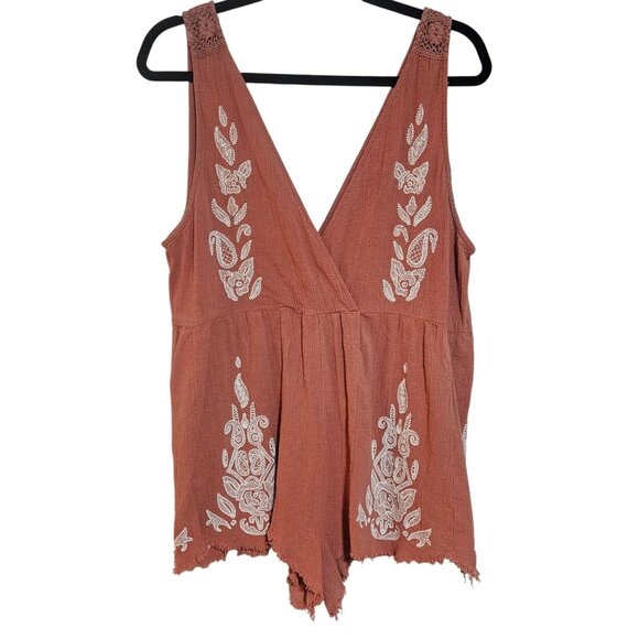 Free People  Boho Style Embroidered Romper With Lace Straps In Rust & White Wome - Picture 1 of 11